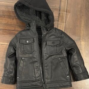 Black Faux Leather Hooded Jacket with Warm Lining